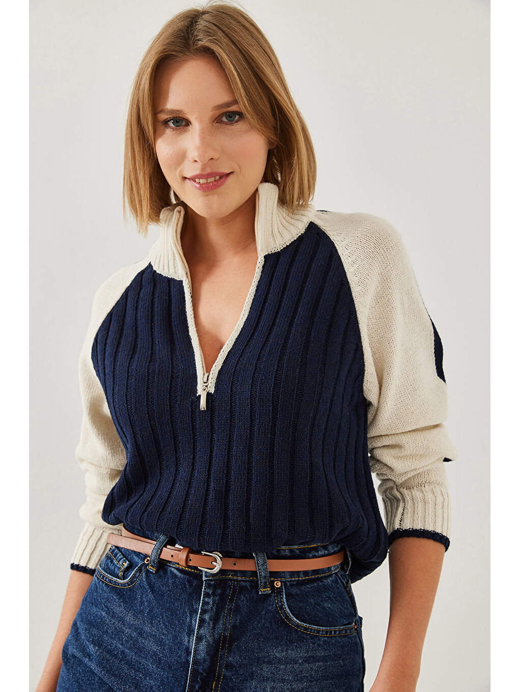 Lacivert Kadın Fermuarlı Triko Kazak-1