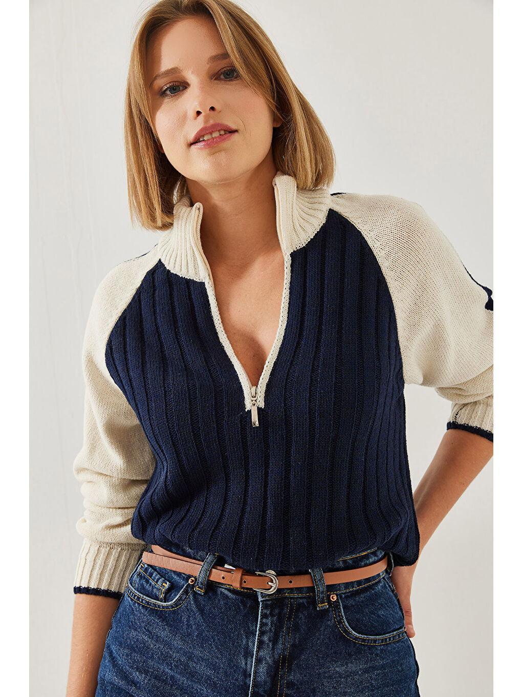 Lacivert Kadın Fermuarlı Triko Kazak-2