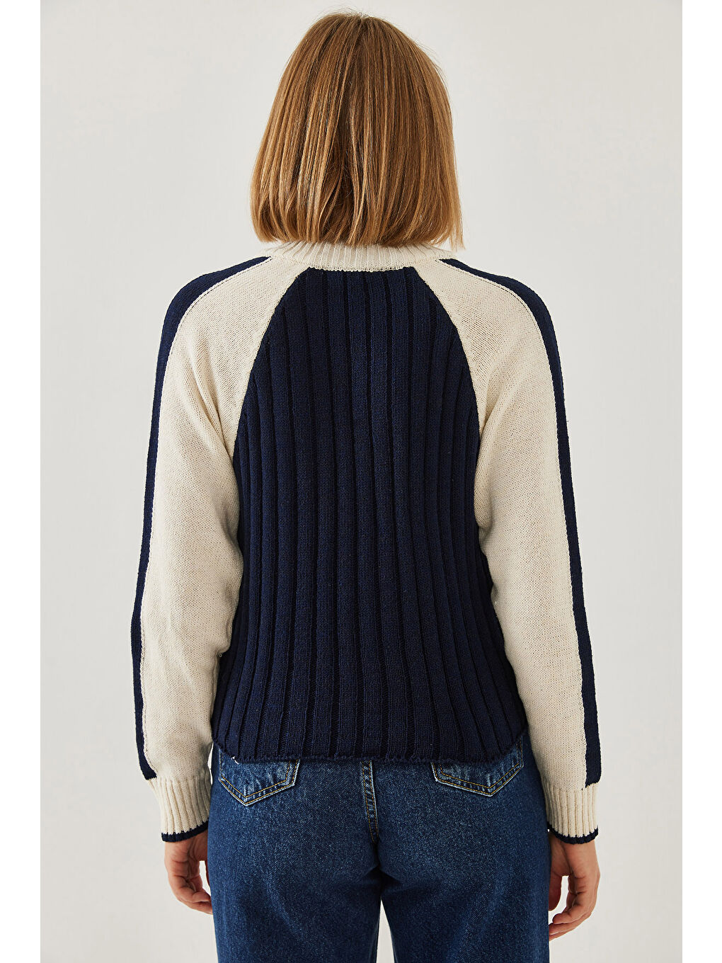 Lacivert Kadın Fermuarlı Triko Kazak-3