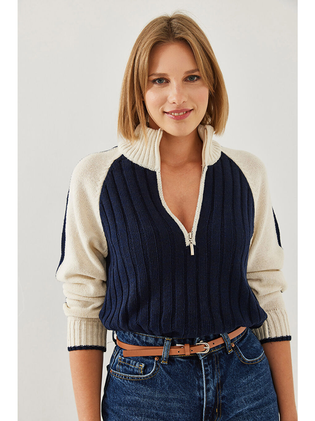 Lacivert Kadın Fermuarlı Triko Kazak-4