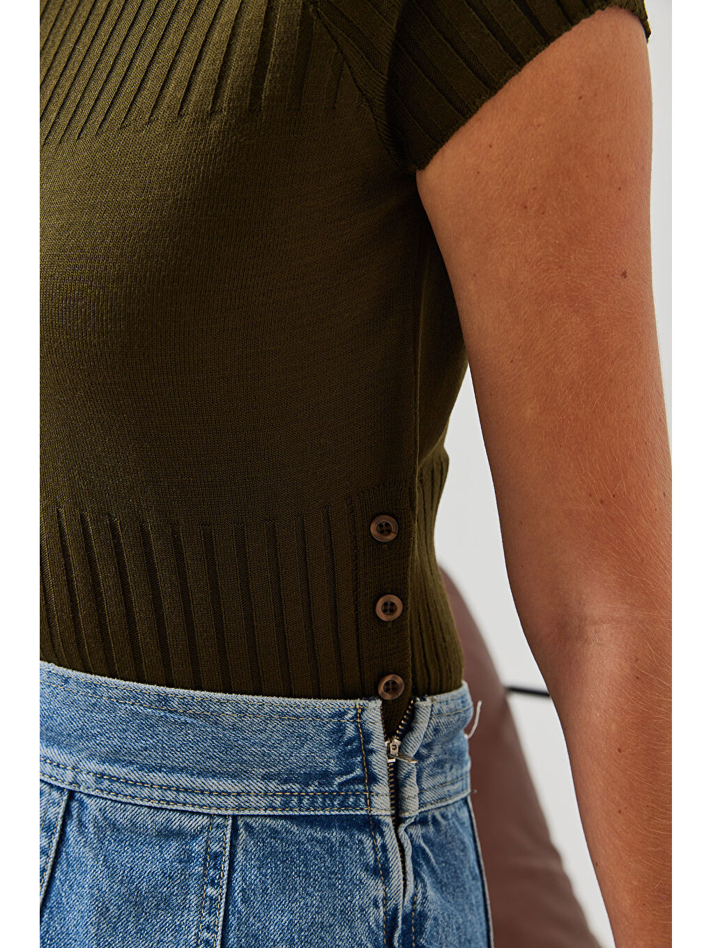 Haki Kadın Yandan Düğmeli Kazak-2