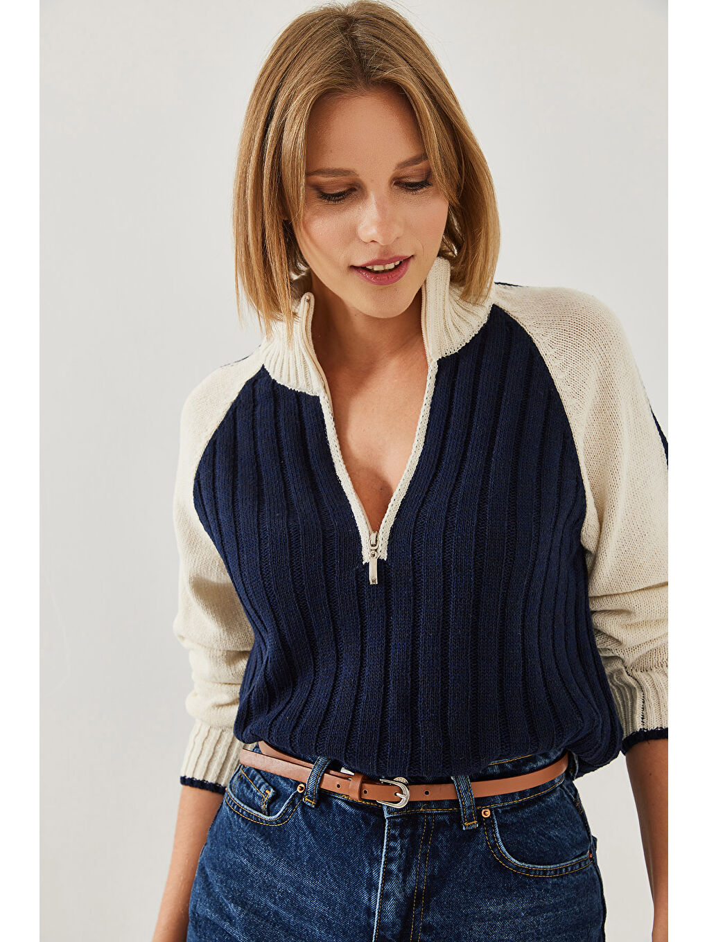 Lacivert Kadın Fermuarlı Triko Kazak-5