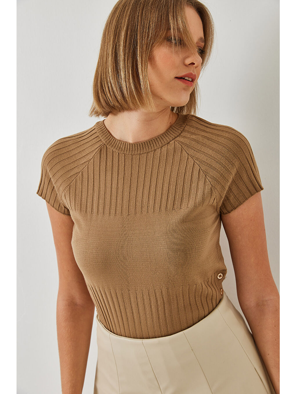 Kahverengi Kadın Yandan Düğmeli Kazak-3