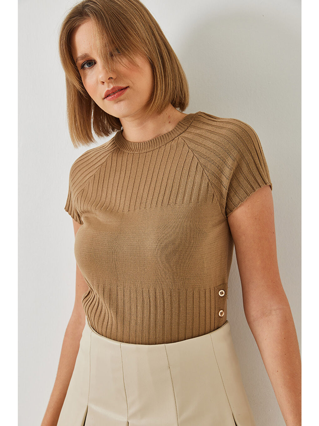 Kahverengi Kadın Yandan Düğmeli Kazak-4