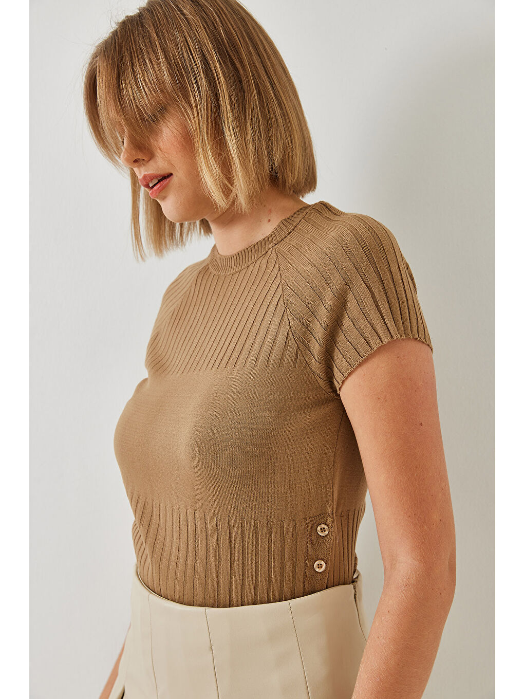 Kahverengi Kadın Yandan Düğmeli Kazak-5