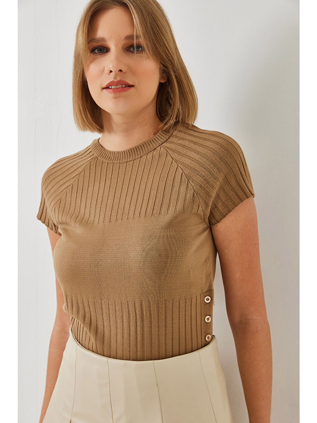 Kahverengi Kadın Yandan Düğmeli Kazak-6