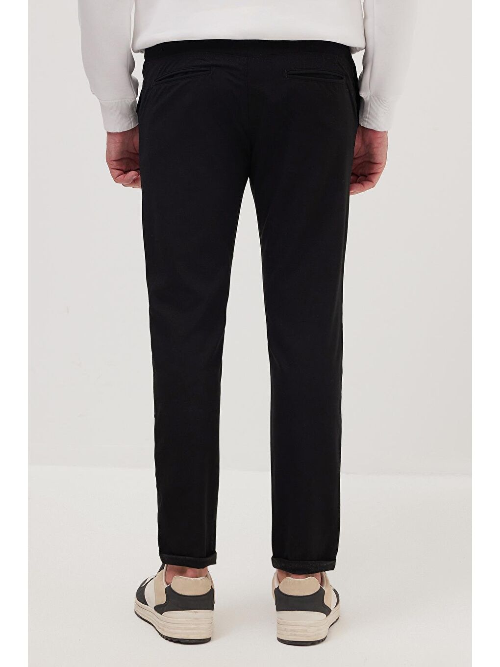Erkek Slim Fit Dar Kesim Pamuklu Lastikli Beli Bağcıklı Siyah Pantolon-6