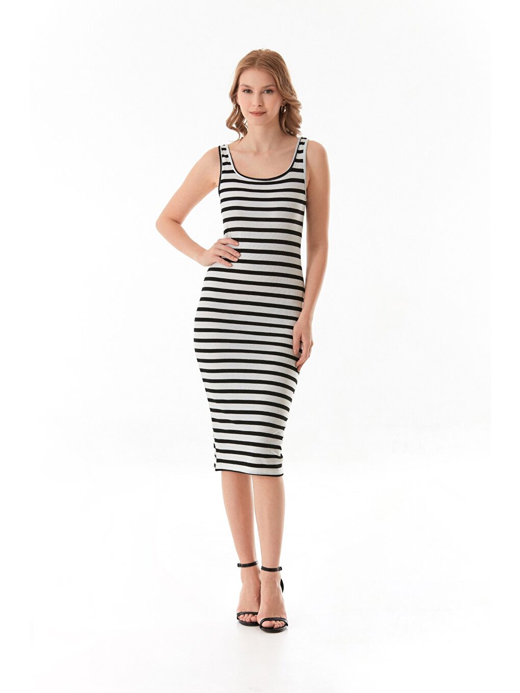 Beyaz Basic Fitilli Çizgili Elbise