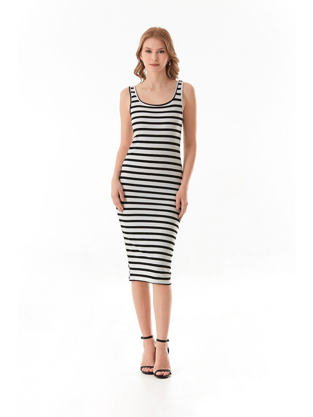 Beyaz Basic Fitilli Çizgili Elbise-1