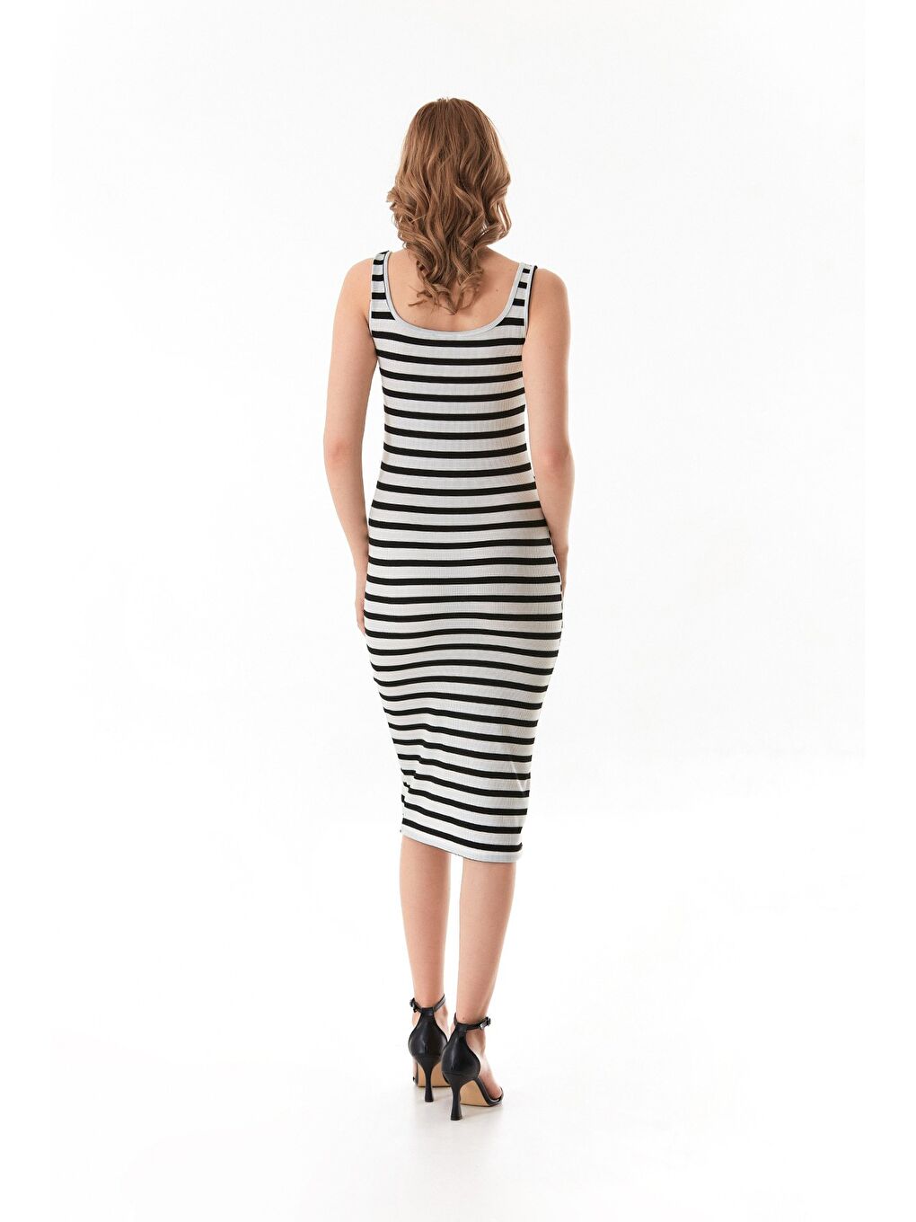 Beyaz Basic Fitilli Çizgili Elbise-3