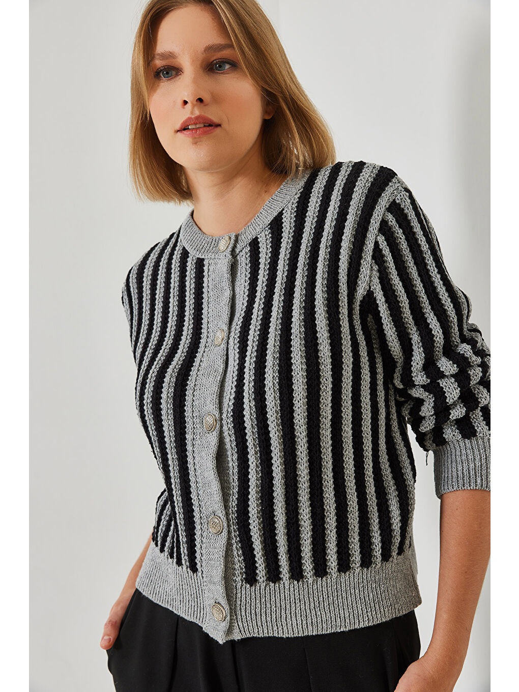 Gri Kadın Çizgili Triko Hırka-6