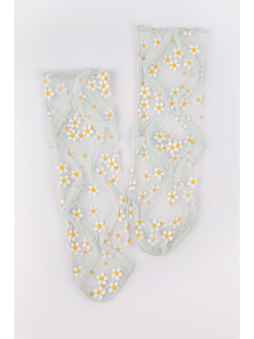 Yeşil Papatya Desenli Kız Çocuk Tül Çorap