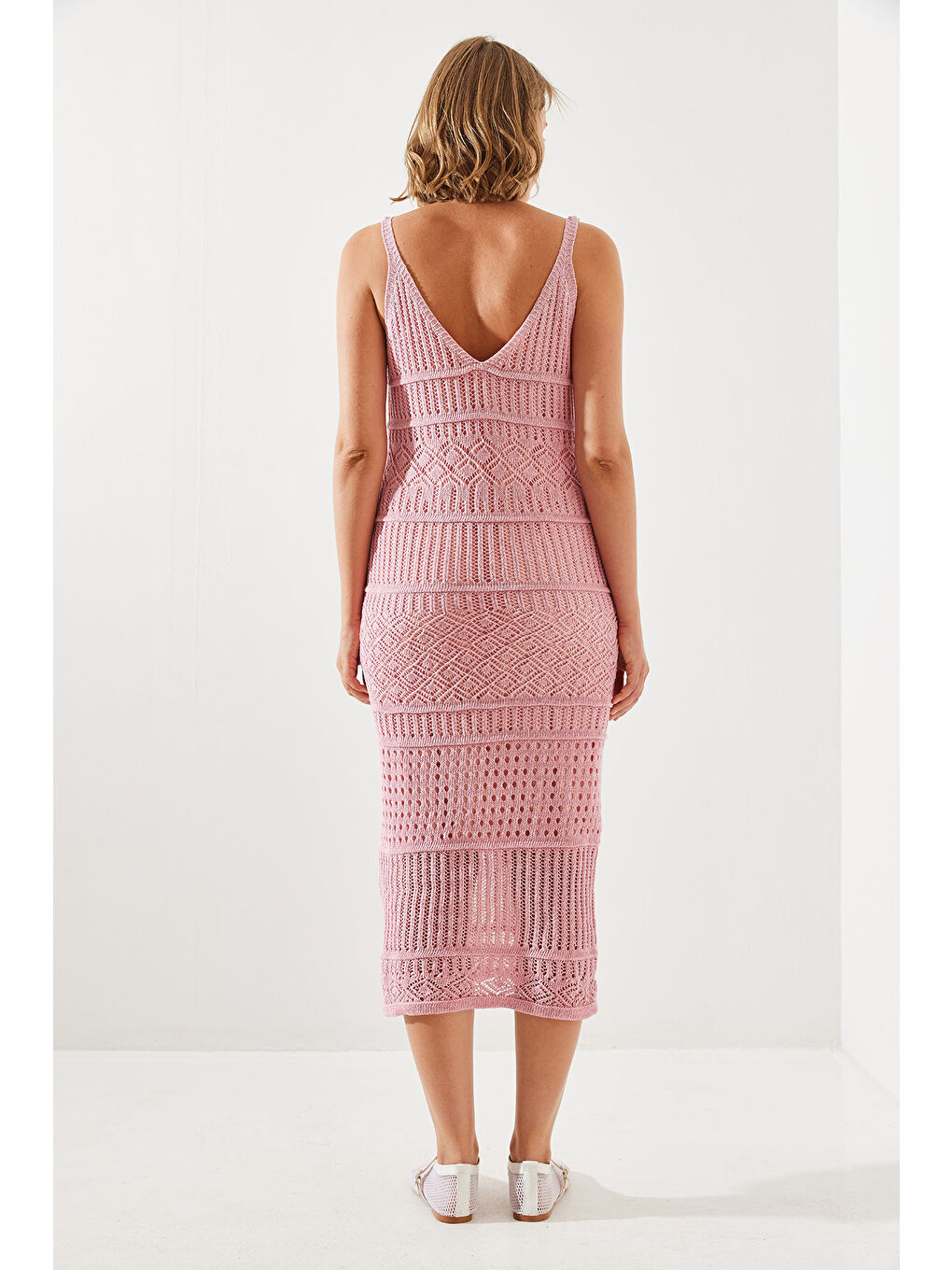 Pembe Kadın İnce Askılı Astarlı Ajurlu Triko Elbise-1