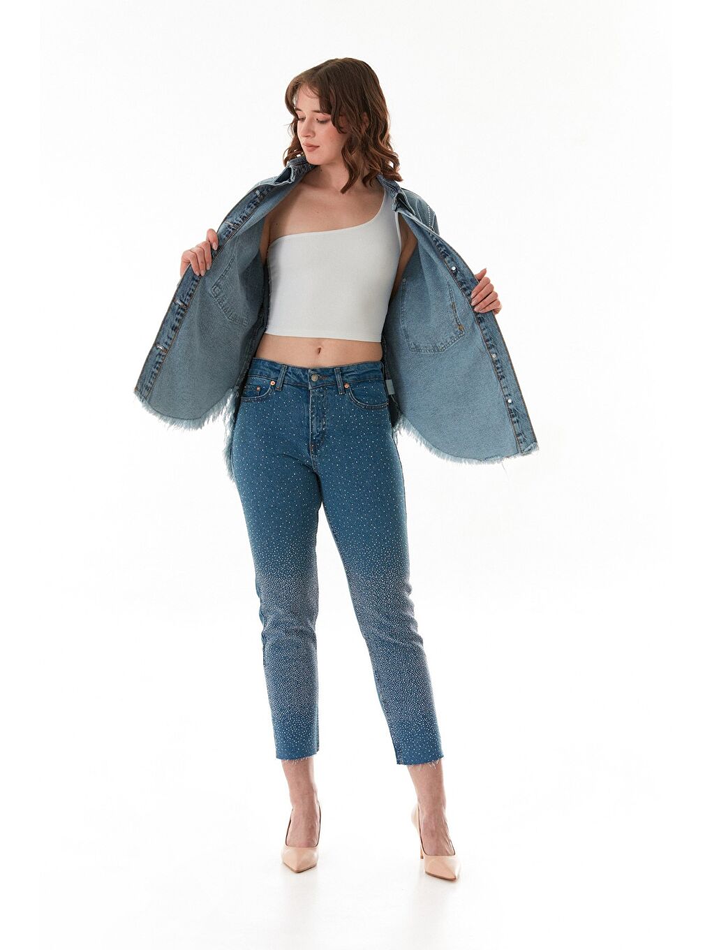 Mavi Taşlı Püsküllü Çift Cepli Oversize Jean Ceket-1