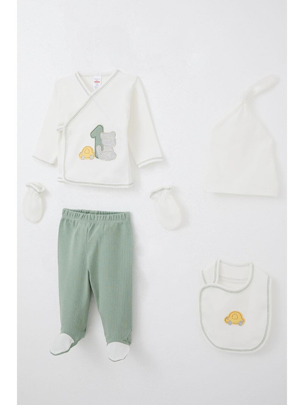 Erkek Bebek Hastane Çıkışı 5 Li Patinin Araba Macerası Ekru (0-3 Ay)-1