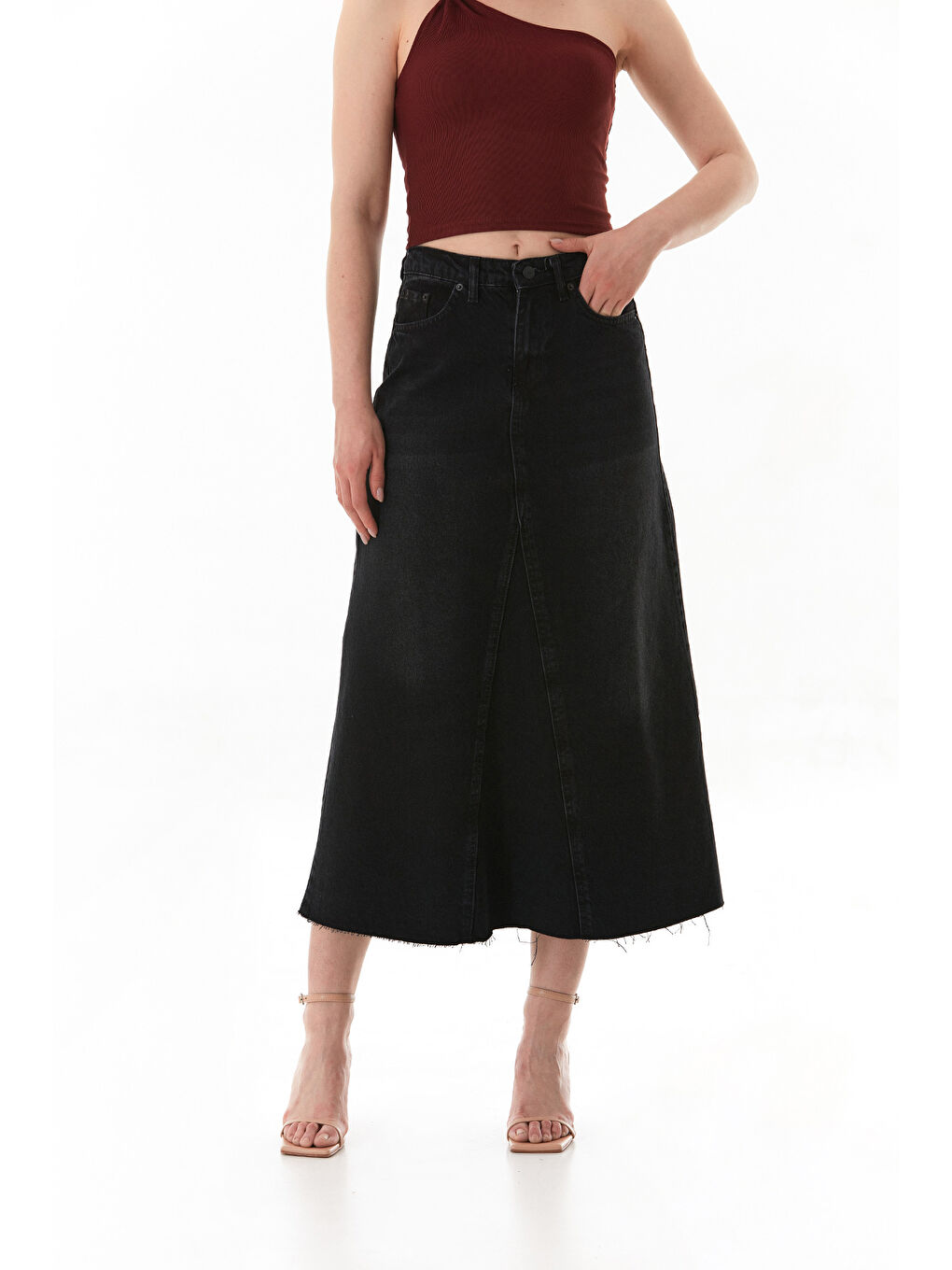 Siyah Fermuarlı Cepli Jean Etek-2