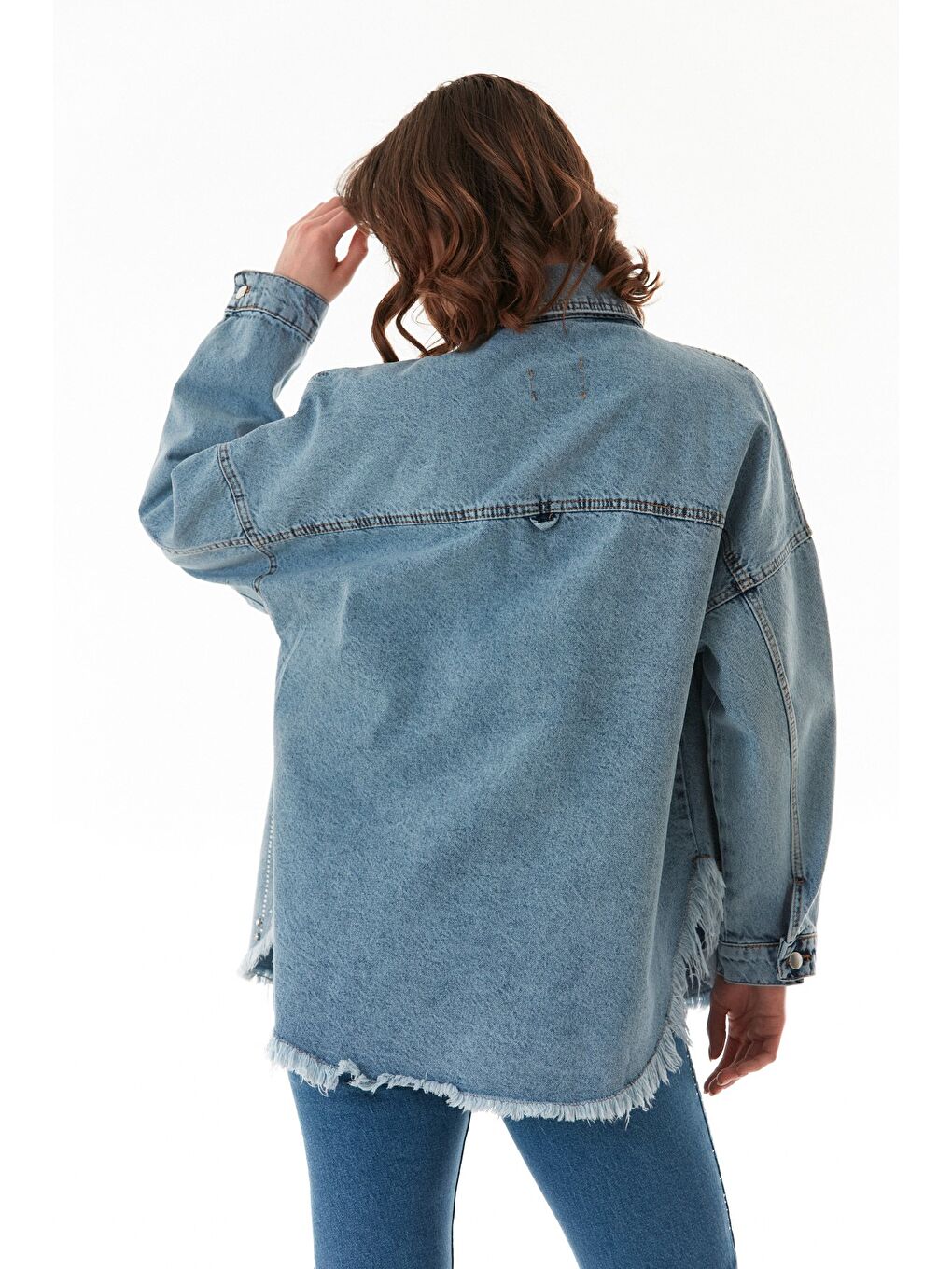 Mavi Taşlı Püsküllü Çift Cepli Oversize Jean Ceket-4