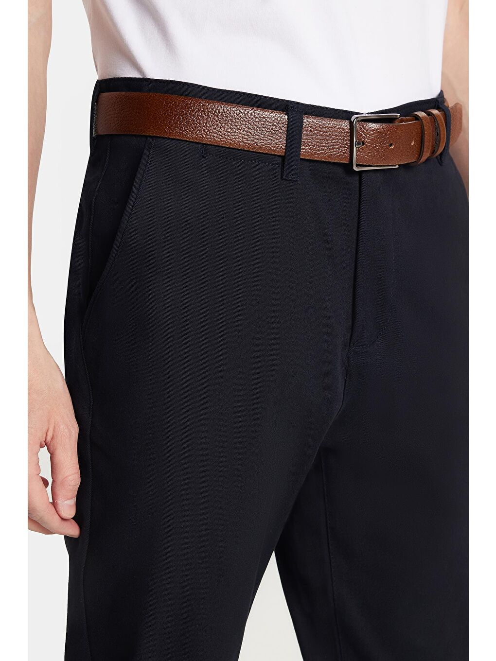 Erkek Slim Fit Chino Esnek Yandan Cepli Önü Fermuarlı Pamuklu Dokulu Lacivert Pantolon-1