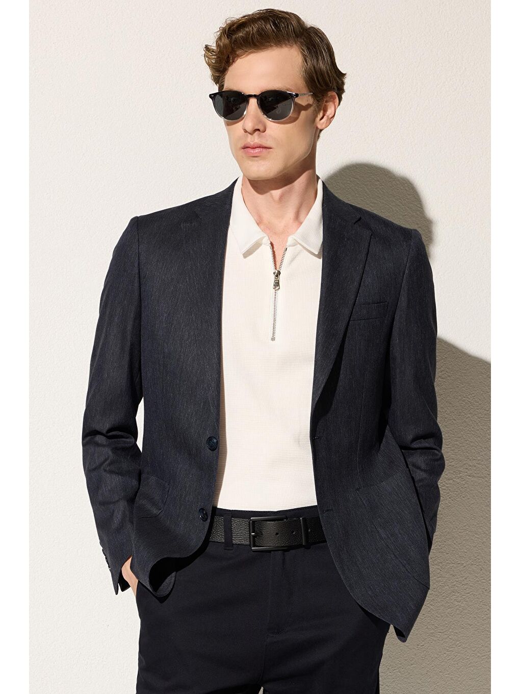 Erkek Slim Fit Chino Esnek Yandan Cepli Önü Fermuarlı Pamuklu Dokulu Lacivert Pantolon-2