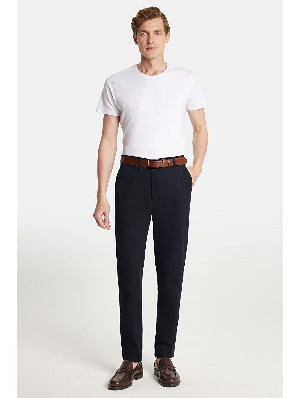 Erkek Slim Fit Chino Esnek Yandan Cepli Önü Fermuarlı Pamuklu Dokulu Lacivert Pantolon-3