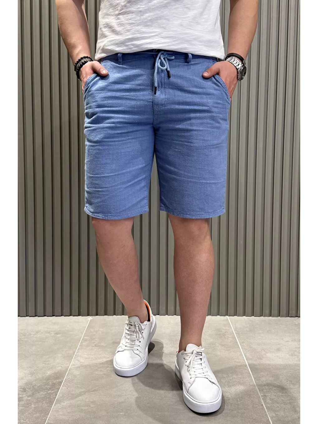 Mavi Bel Bağcıklı Erkek Keten Şort