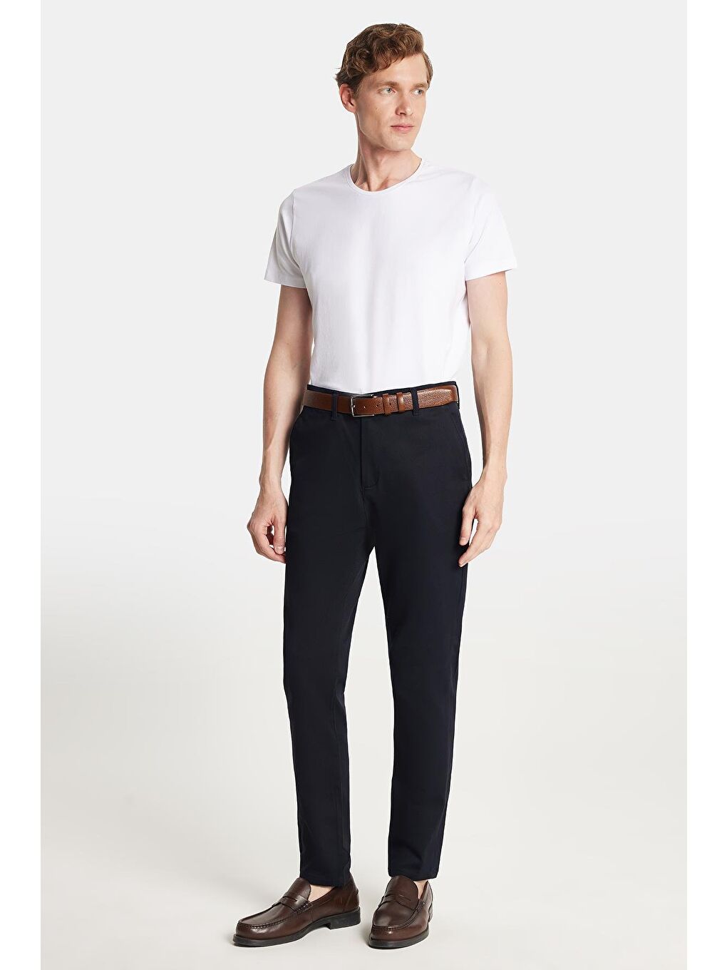 Erkek Slim Fit Chino Esnek Yandan Cepli Önü Fermuarlı Pamuklu Dokulu Lacivert Pantolon-4