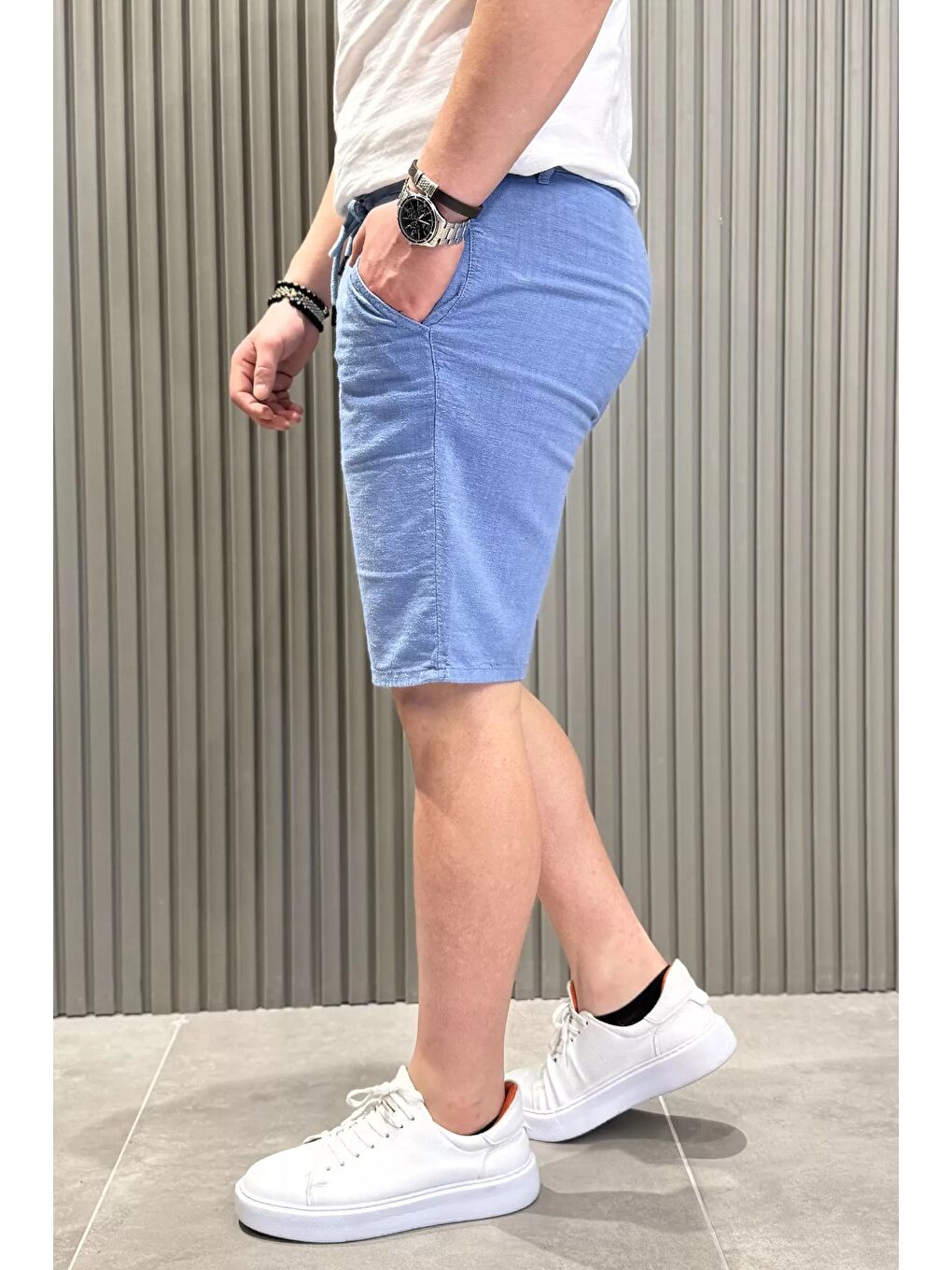 Mavi Bel Bağcıklı Erkek Keten Şort-1