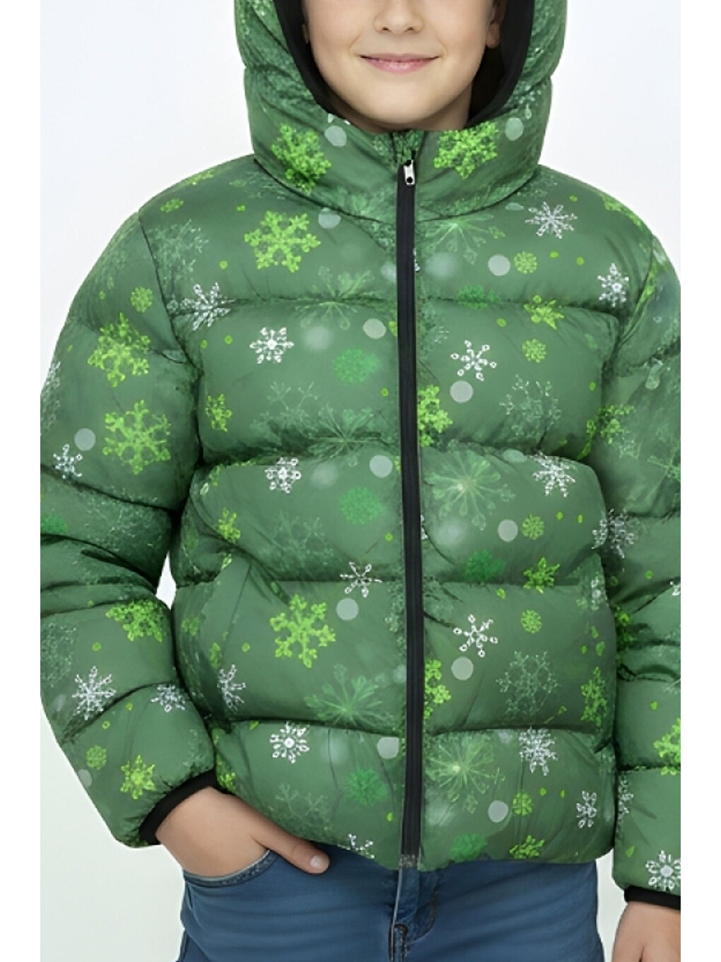 Yeşil Erkek Çocuk İçi Polar Astarlı-Kapüşonlu-Desenli-Fermuarlı Mont 12361-1