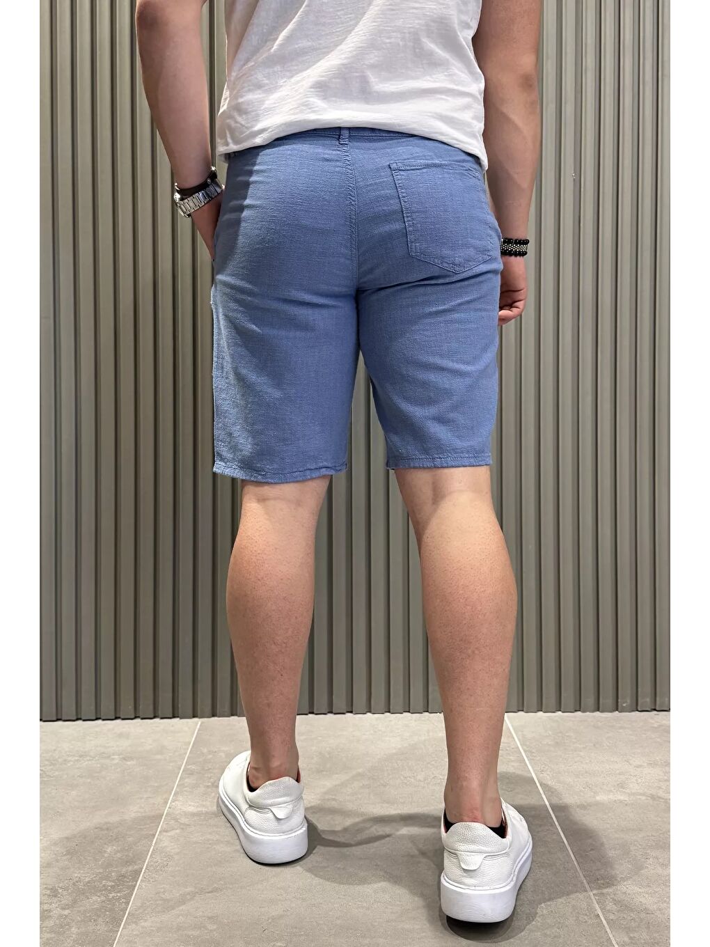 Mavi Bel Bağcıklı Erkek Keten Şort-2