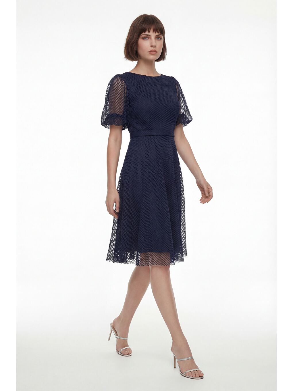 Kadın Lacivert Balon Kol File Kumaş Detaylı Midi Kloş Abiye Elbise-1