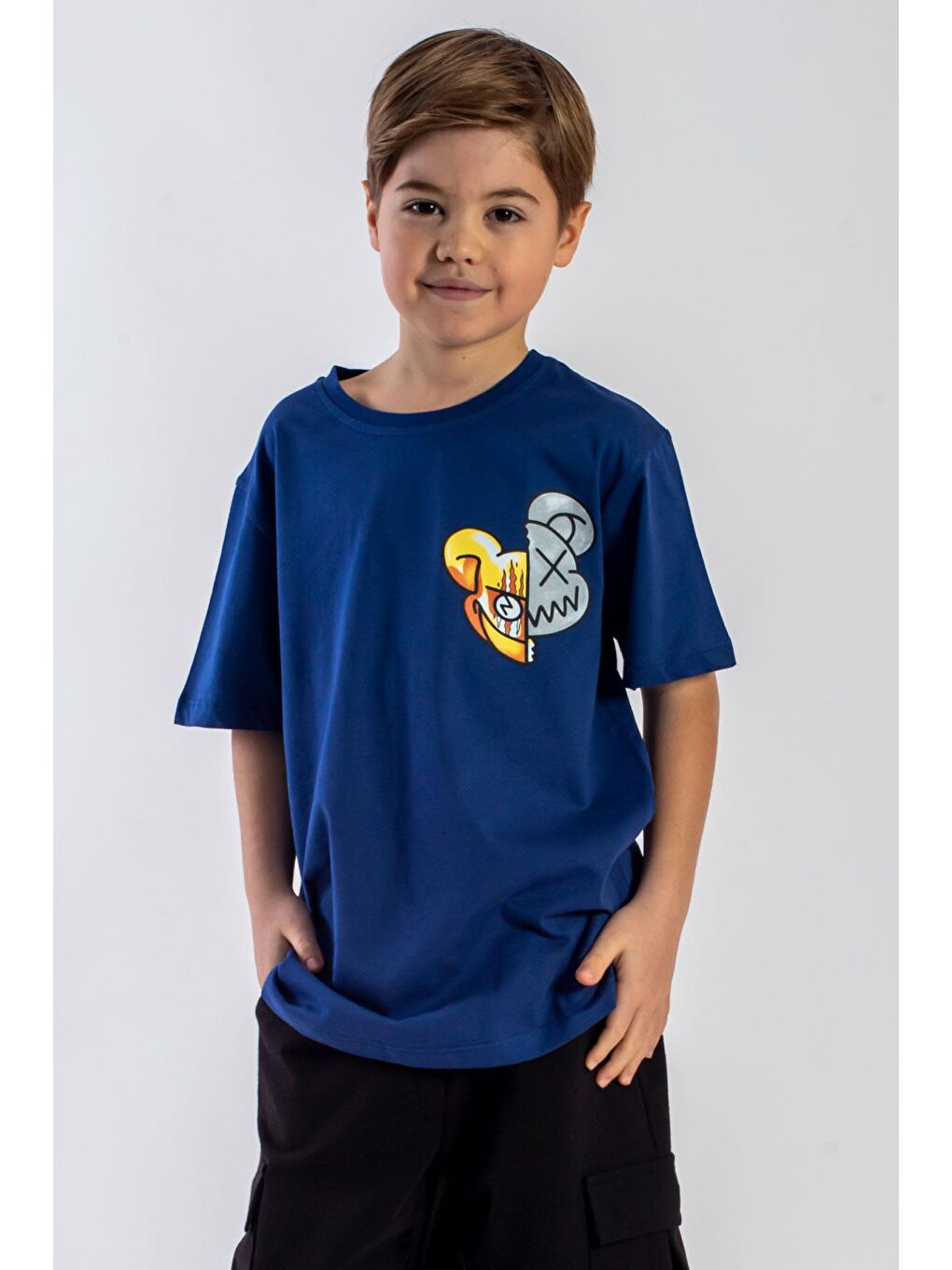 İndigo Bisiklet Yaka Kısa Kol Baskılı Indigo Renk Erkek Çocuk Tshirt