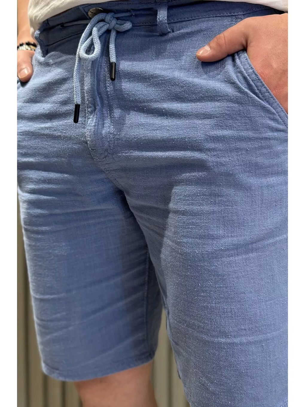 Mavi Bel Bağcıklı Erkek Keten Şort-3