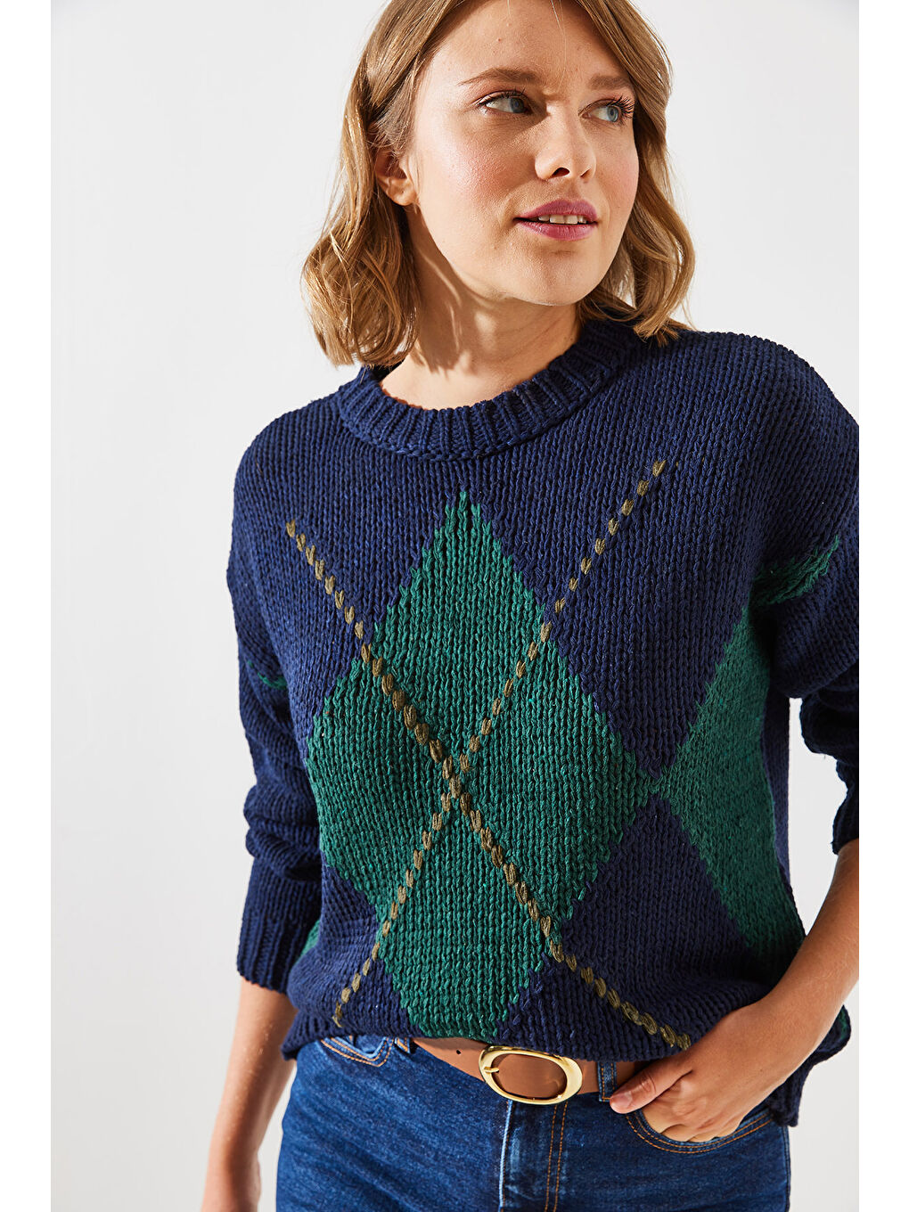 Lacivert Kadın Baklavalı Kazak-4