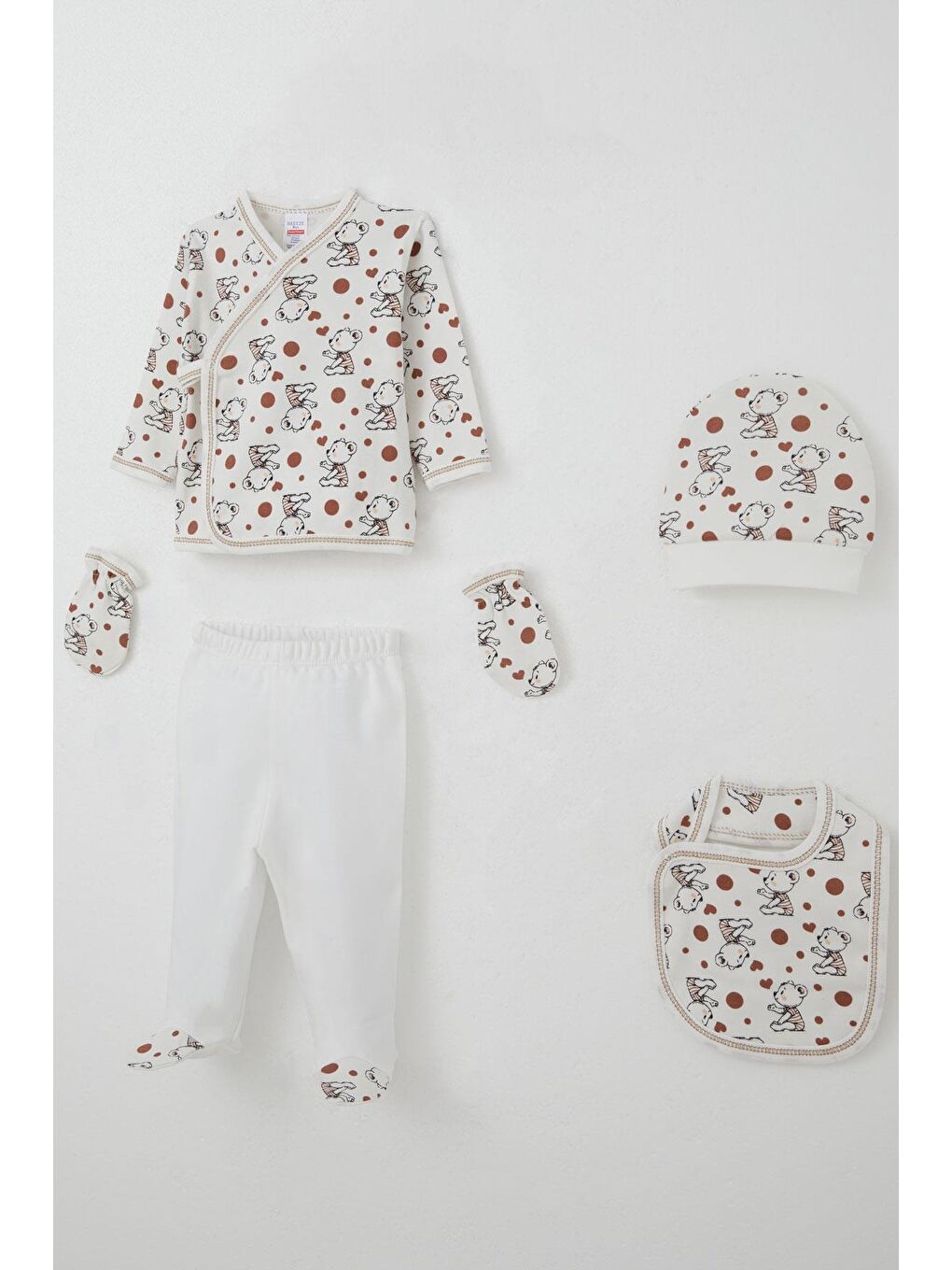 Erkek Bebek Hastane Çıkışı 5 Li Sevimli Bebek Ayıcık Desenli Beyaz (0-3 Ay)-1