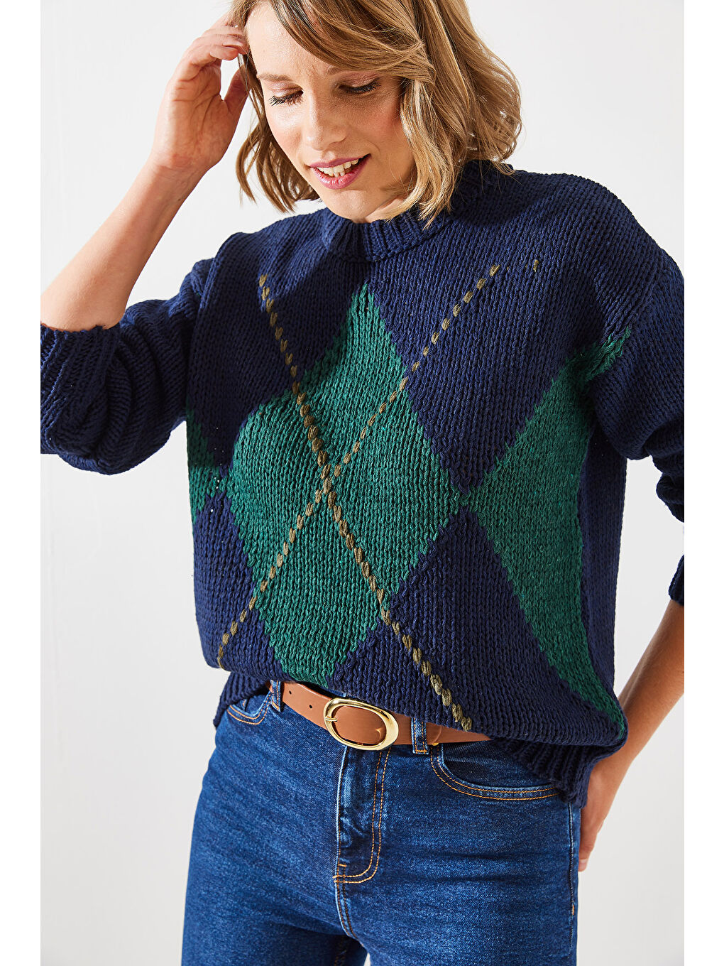 Lacivert Kadın Baklavalı Kazak-5