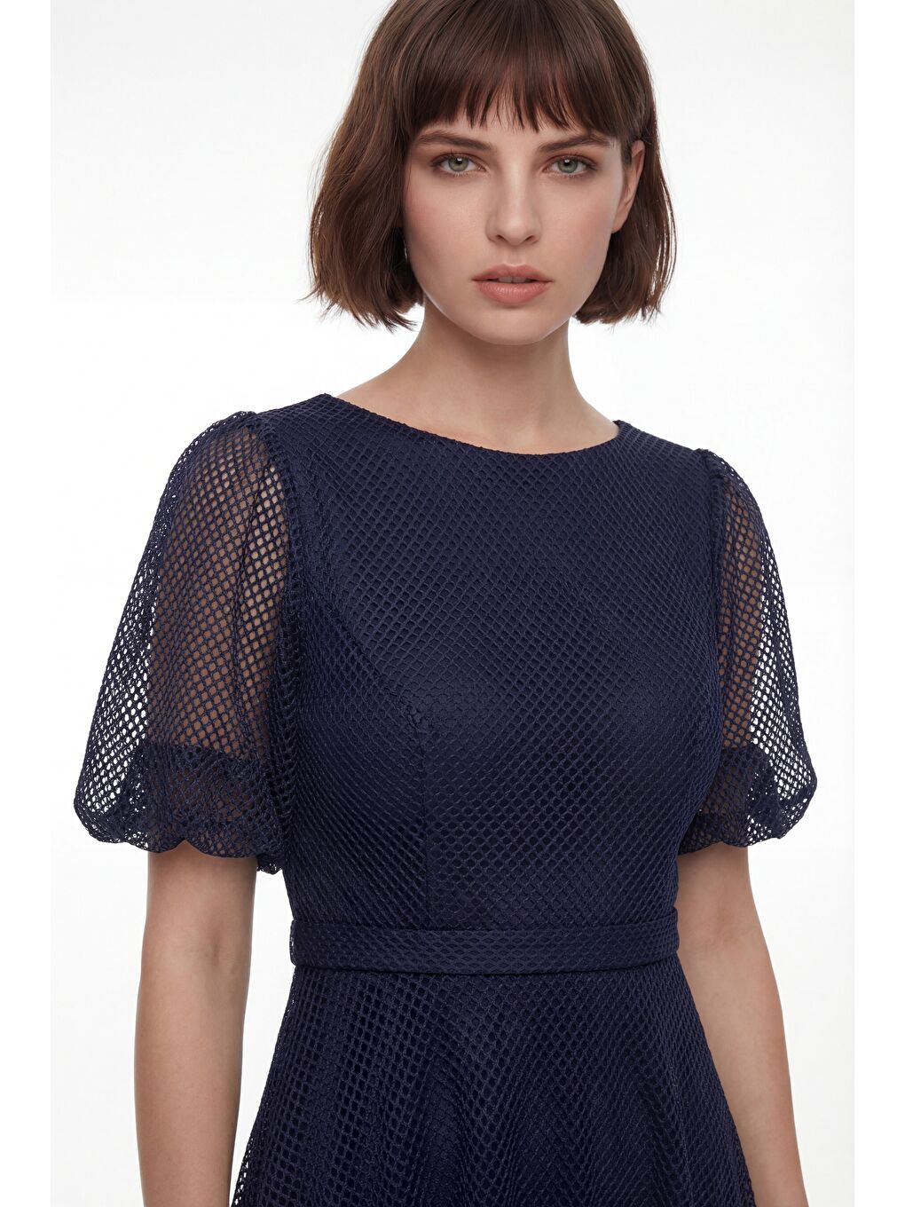 Kadın Lacivert Balon Kol File Kumaş Detaylı Midi Kloş Abiye Elbise-2