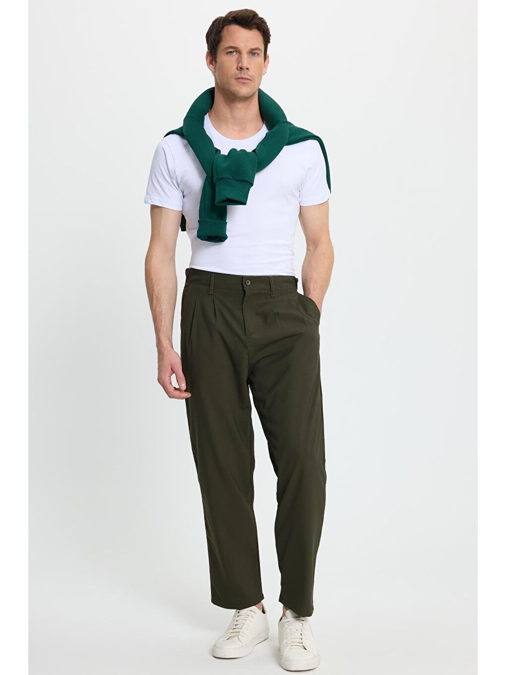 Erkek Regular Fit Çift Pileli Beli Lastikli Rahat Kesim Bol Paça Baggy Haki Pantolon-1