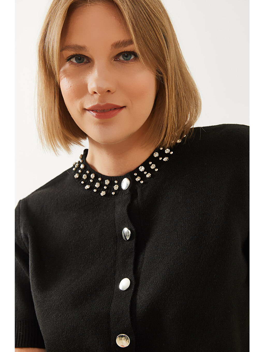 Siyah Kadın Taş İşlemeli Triko Hırka-1