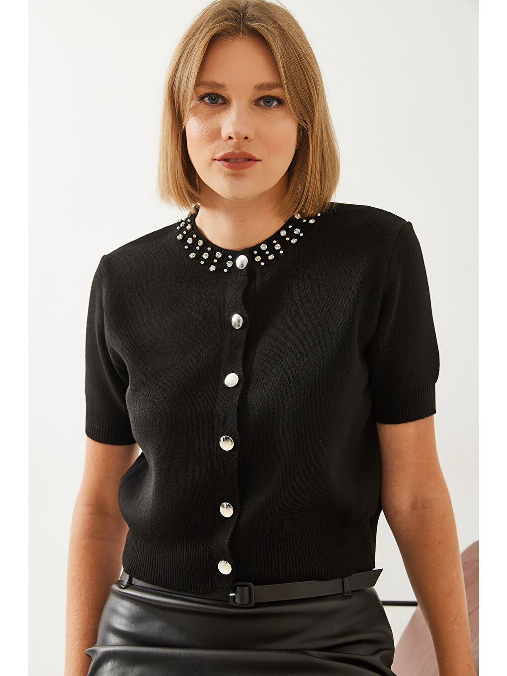 Siyah Kadın Taş İşlemeli Triko Hırka-4