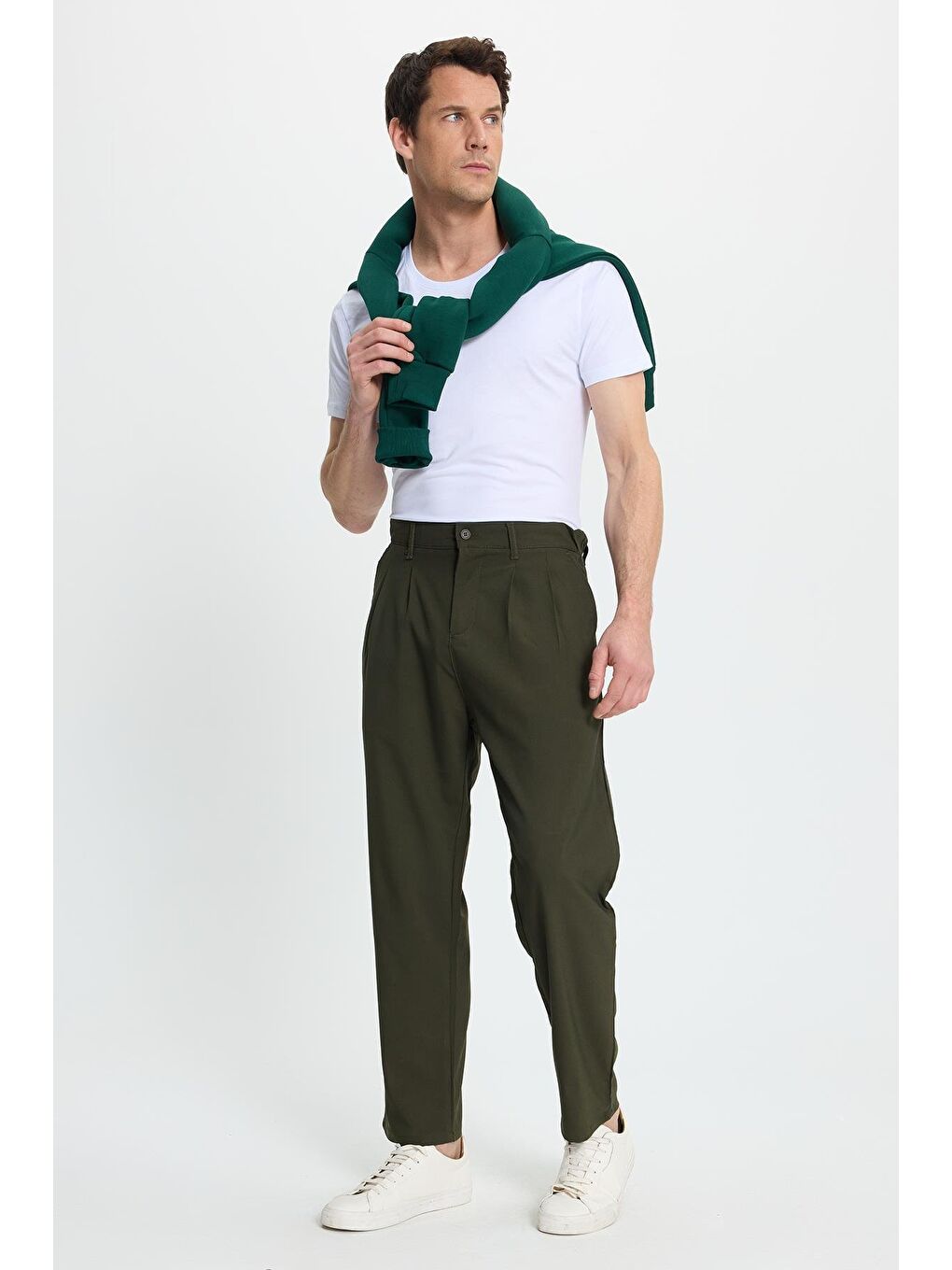 Erkek Regular Fit Çift Pileli Beli Lastikli Rahat Kesim Bol Paça Baggy Haki Pantolon-3