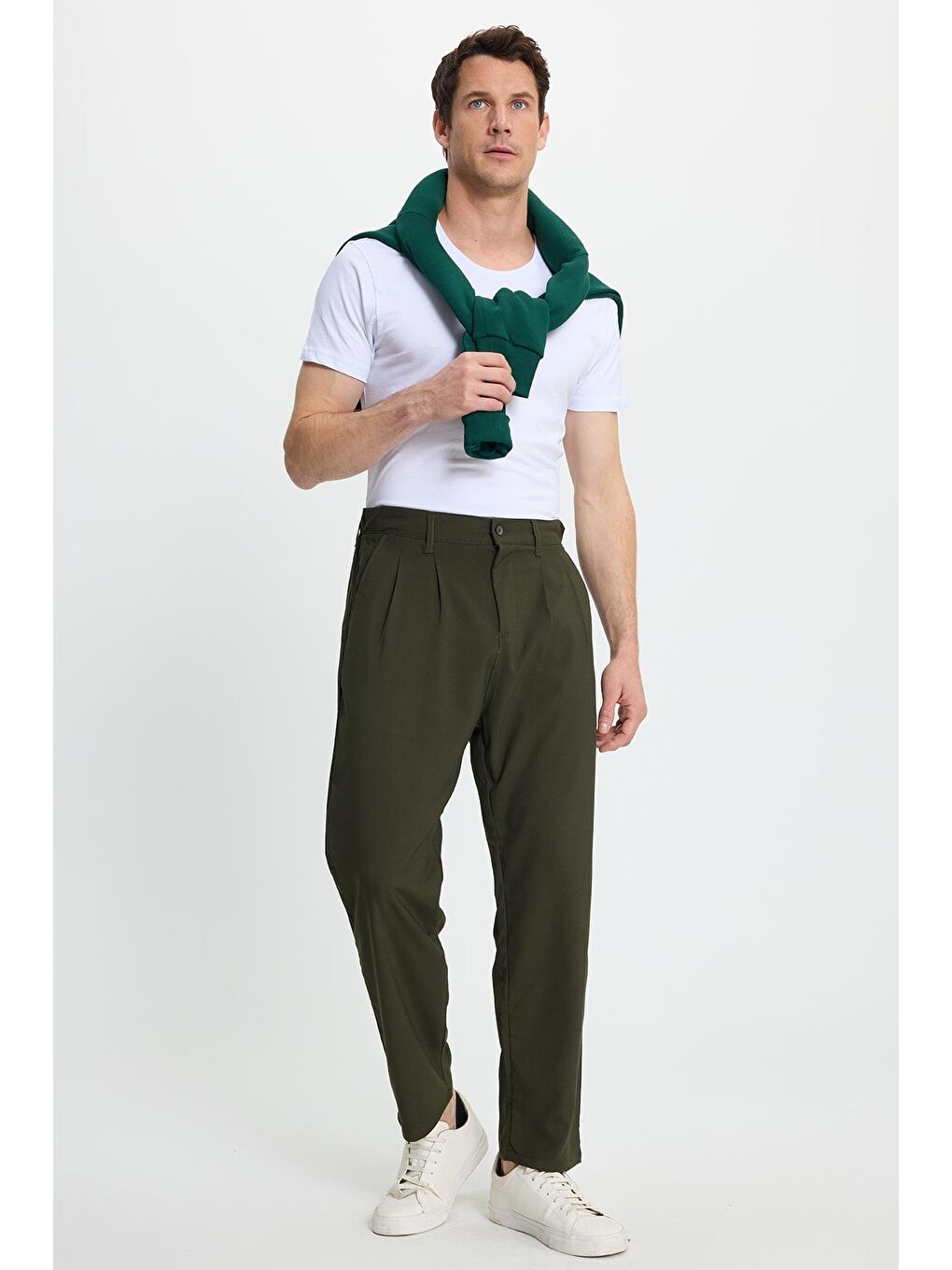 Erkek Regular Fit Çift Pileli Beli Lastikli Rahat Kesim Bol Paça Baggy Haki Pantolon-4