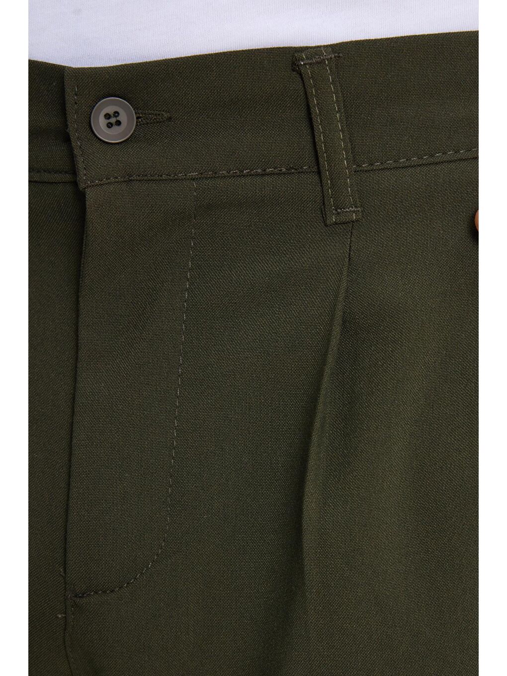 Erkek Regular Fit Çift Pileli Beli Lastikli Rahat Kesim Bol Paça Baggy Haki Pantolon-5