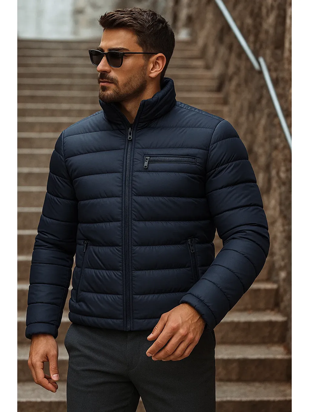 Erkek Kışlık Basic Dik Yaka Fermuarlı Lacivert Şişme Mont-1