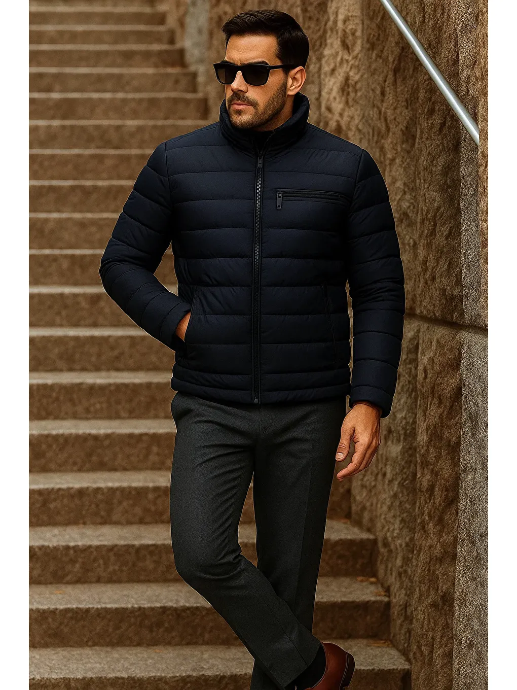 Erkek Kışlık Basic Dik Yaka Fermuarlı Lacivert Şişme Mont-2