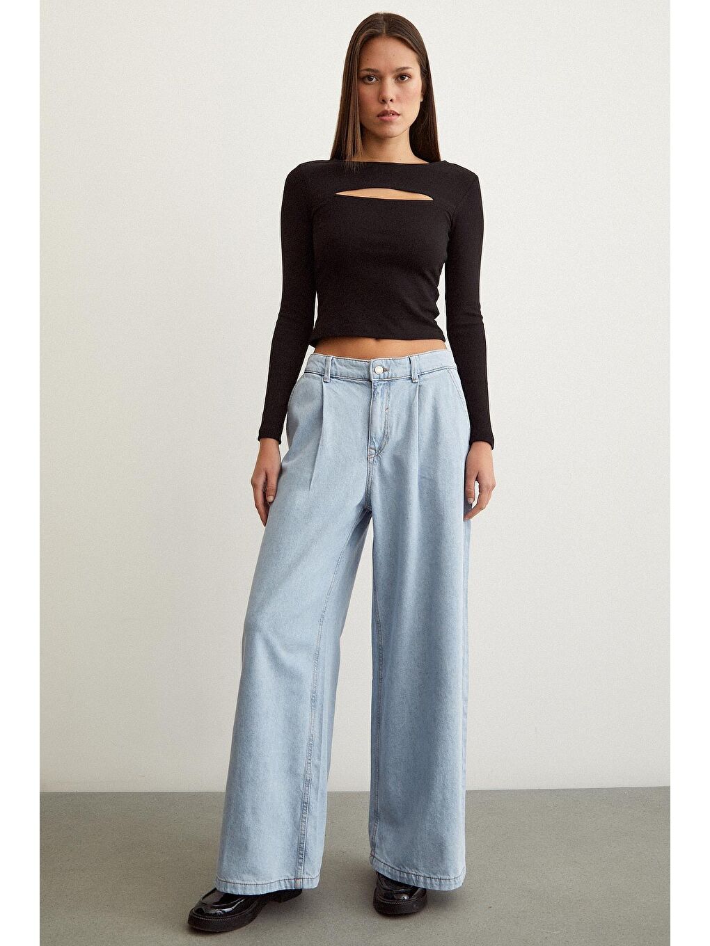 Mavi Pileli Wide Leg Jean-1