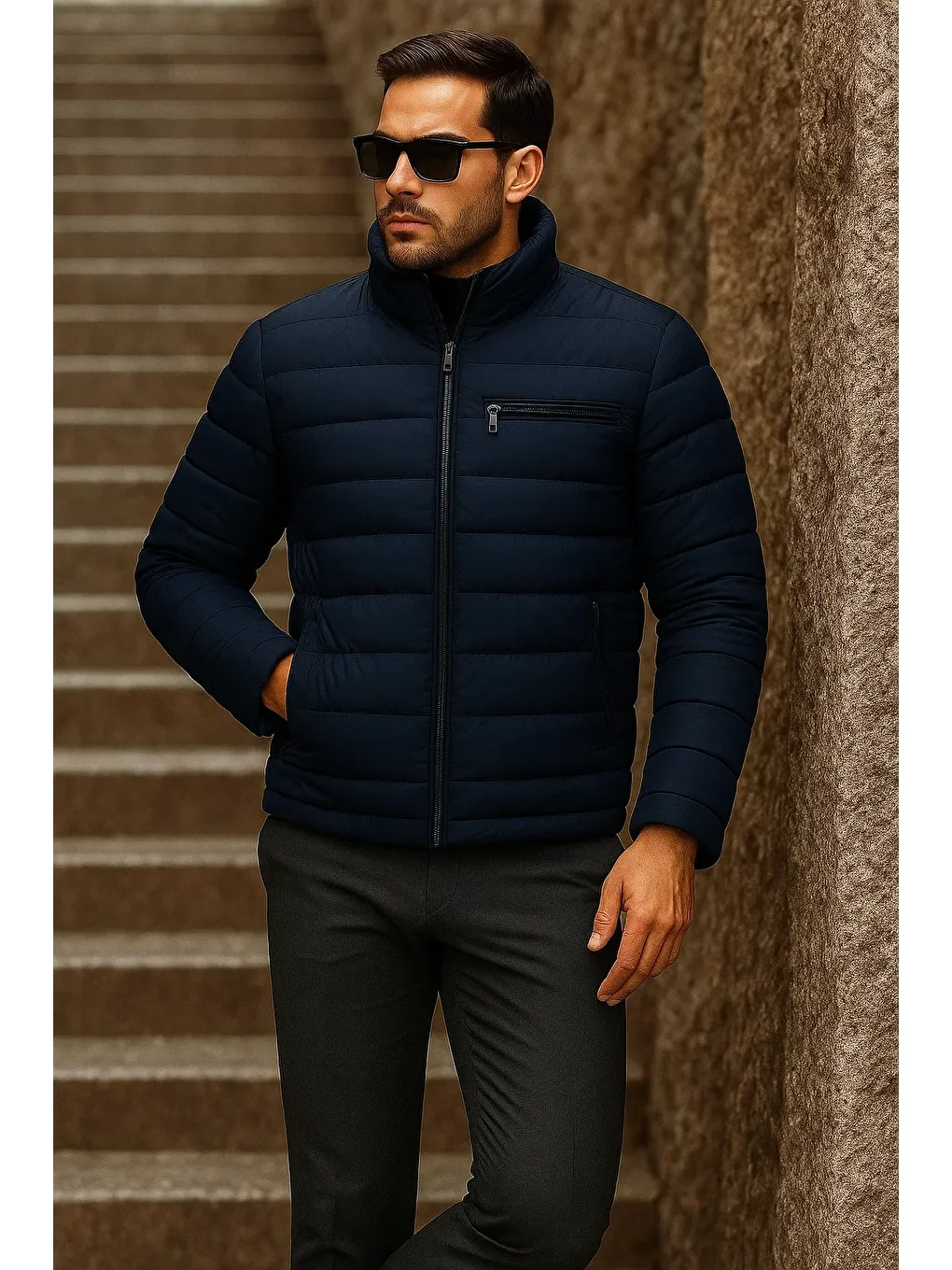 Erkek Kışlık Basic Dik Yaka Fermuarlı Lacivert Şişme Mont-3