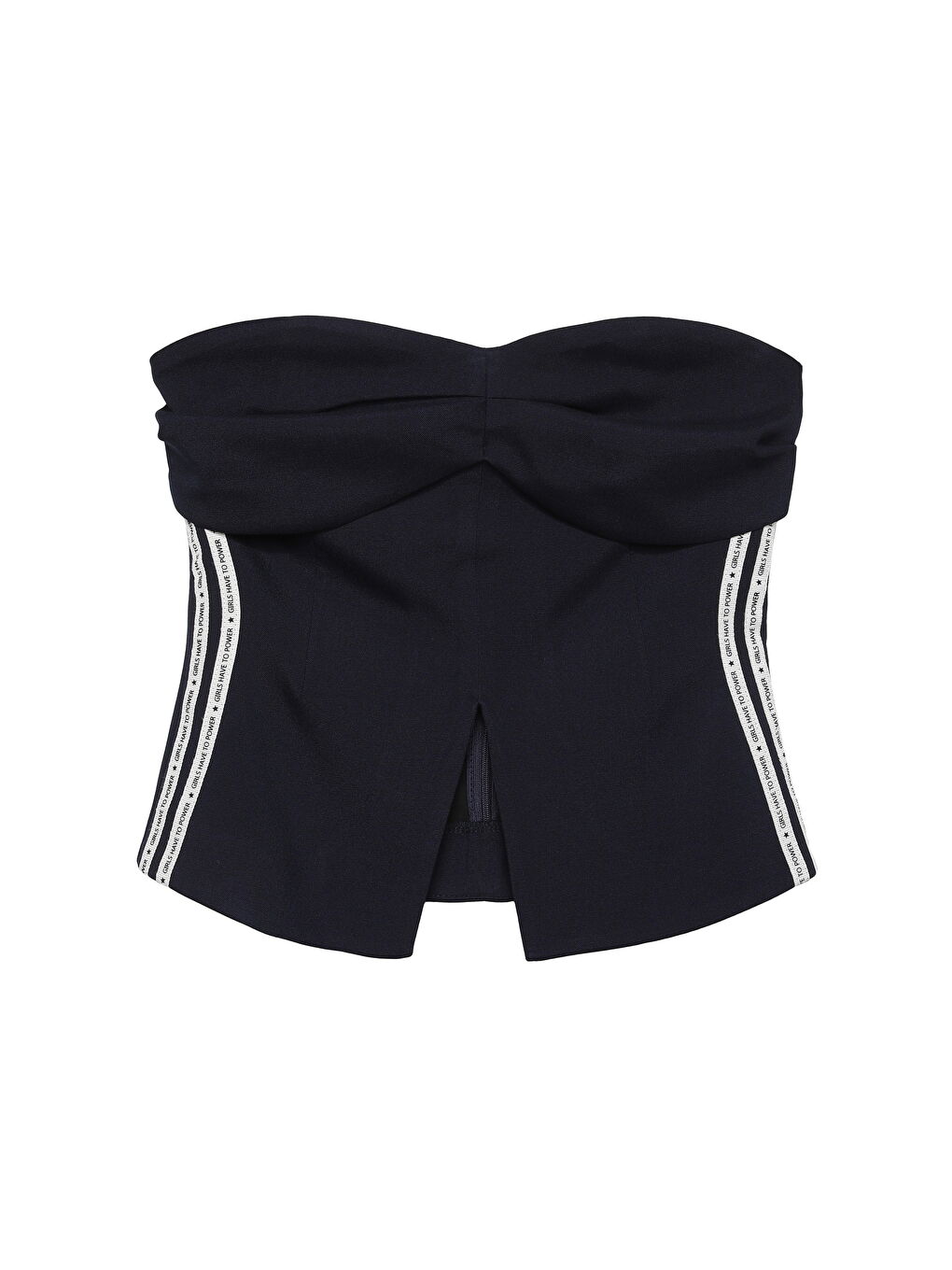 Yazı Şerit Detaylı Straplez Bluz Lacivert