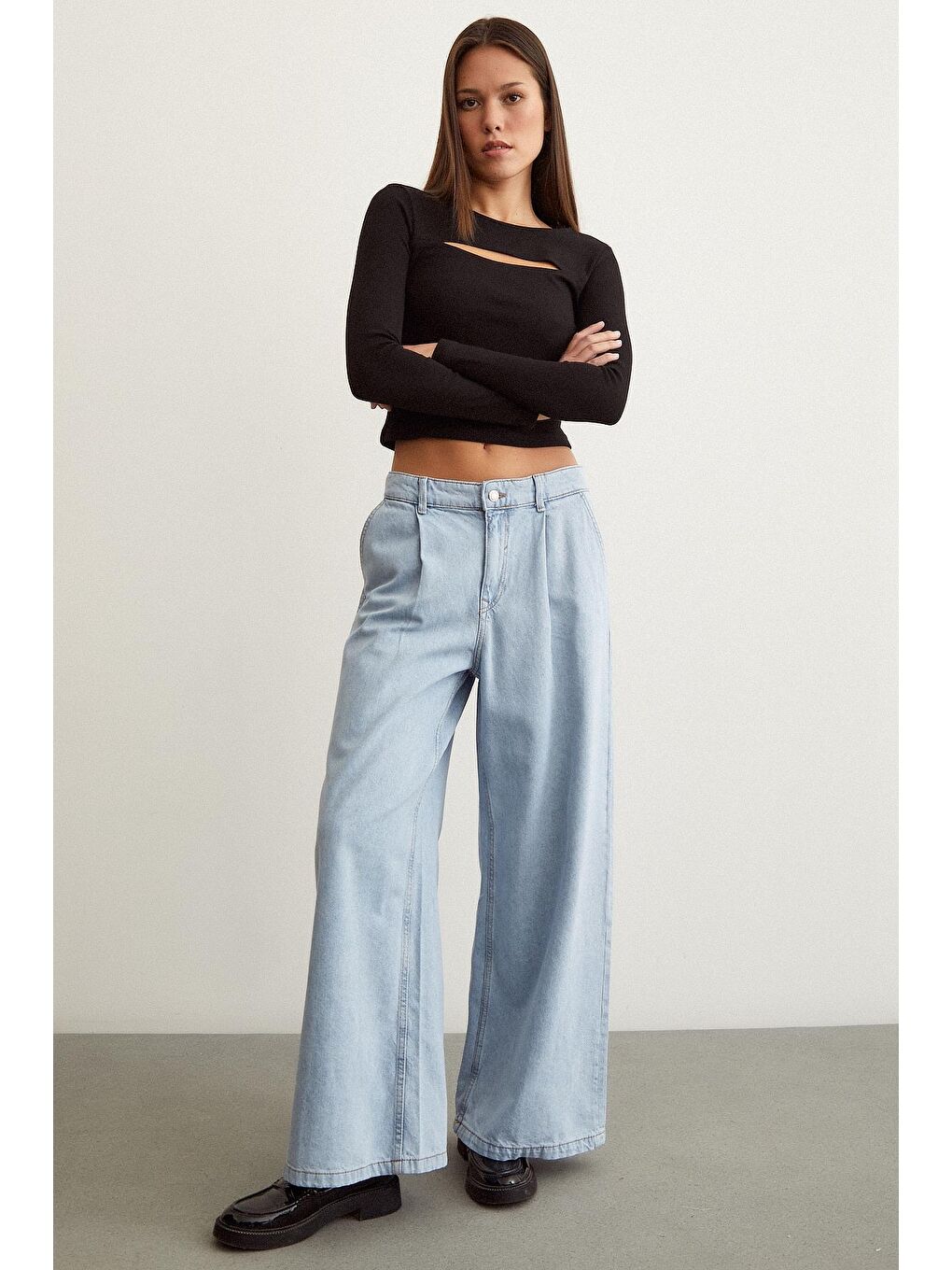 Mavi Pileli Wide Leg Jean-2