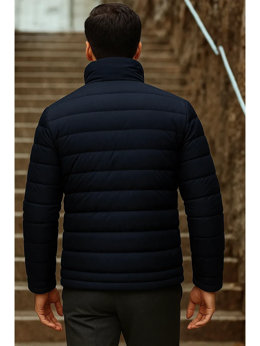 Erkek Kışlık Basic Dik Yaka Fermuarlı Lacivert Şişme Mont-4