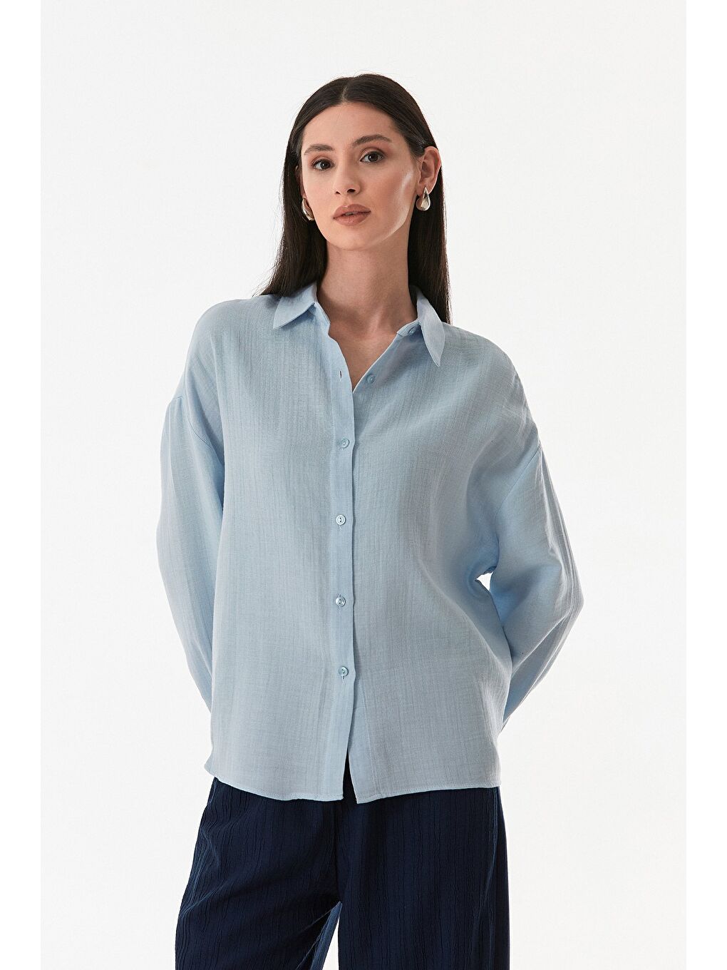 Mavi Basic Düğmeli Salaş Gömlek